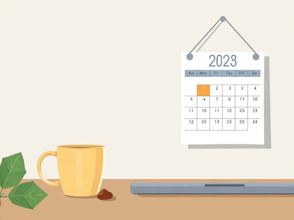 A cup of coffee, a closed laptop, a calendar with a clear afternoon gap on it.