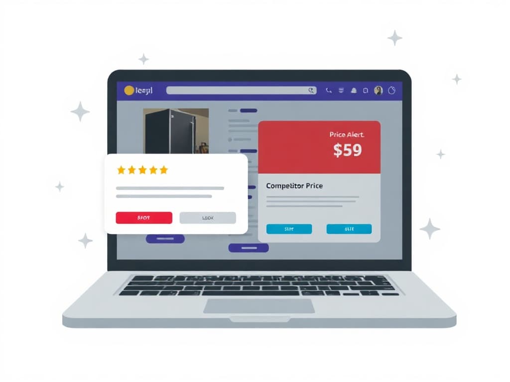 A laptop, a review notification, a competitor price alert overlapping on a single screen.