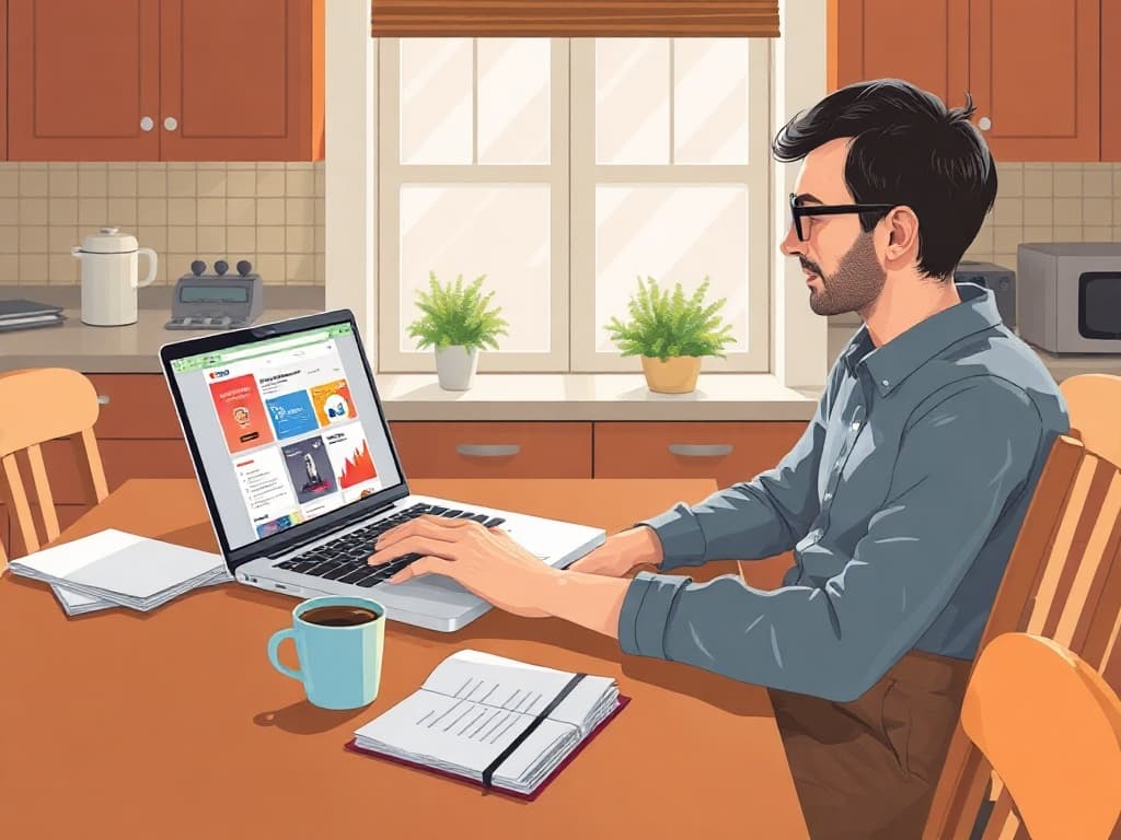 A solo seller at a kitchen table, several windows open, a half-finished cup of coffee.